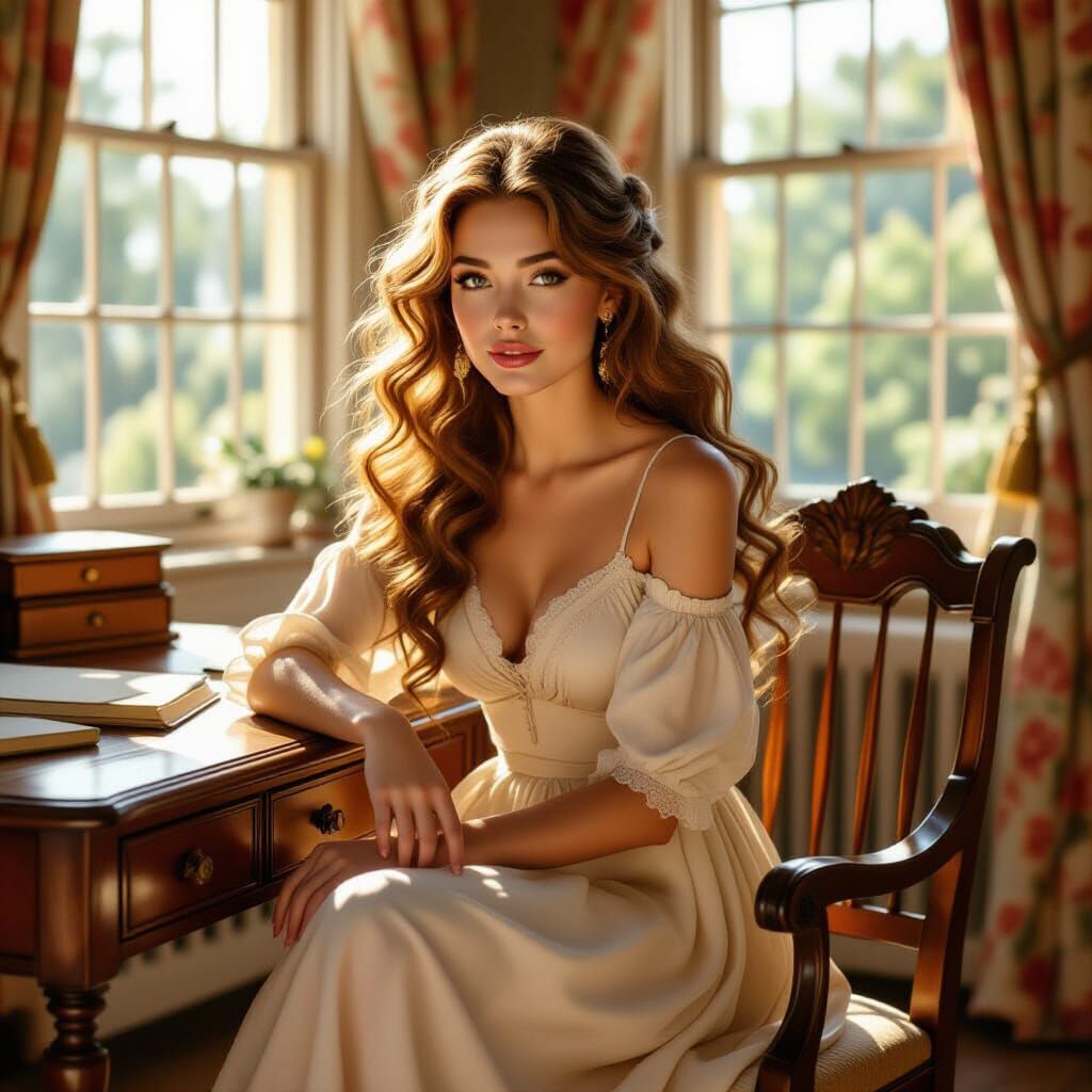 Woman in Castle Parlor, Pre-Raphaelite Style