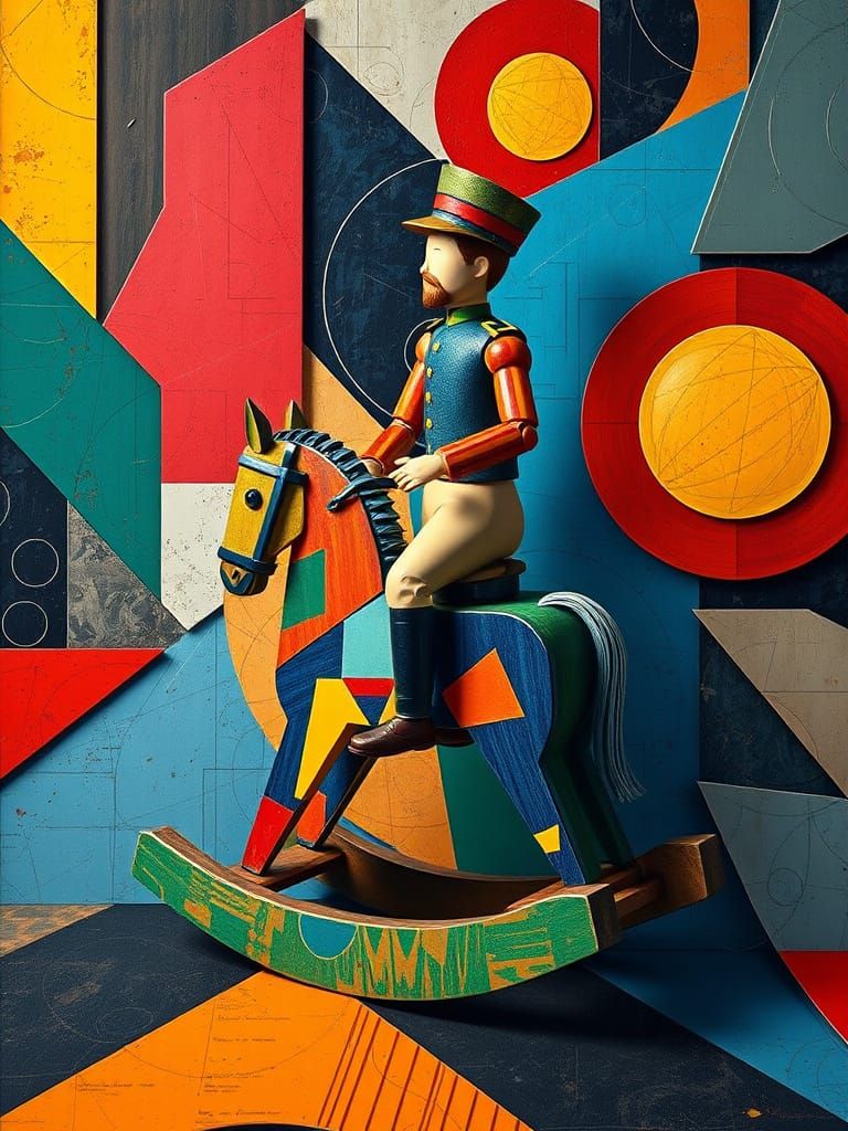 Cubist Wooden Man on Rocking Horse Art Deco