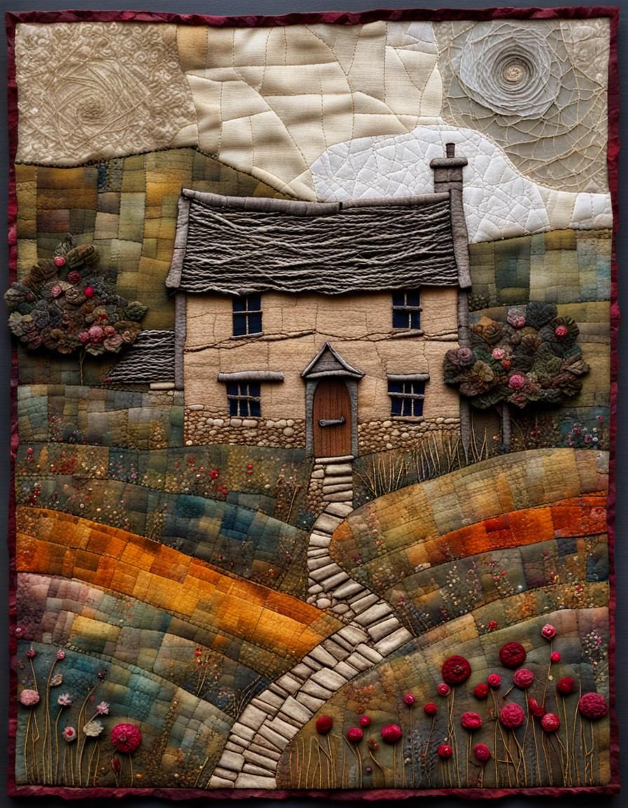 Cotswold Farmhouse: Mixed Media Fabric Collage with Embroide...