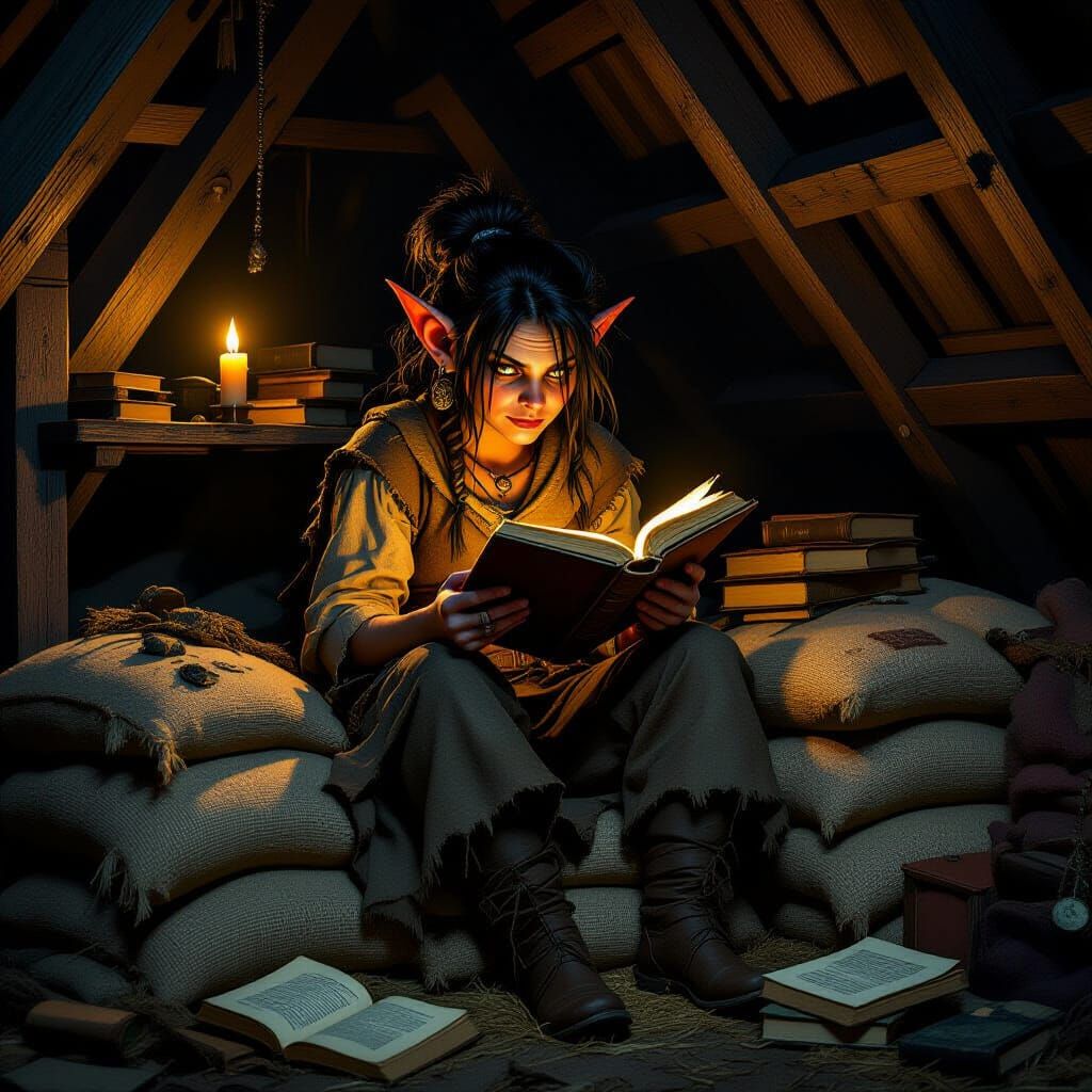 Goblin Reader in Abandoned Barn at Night