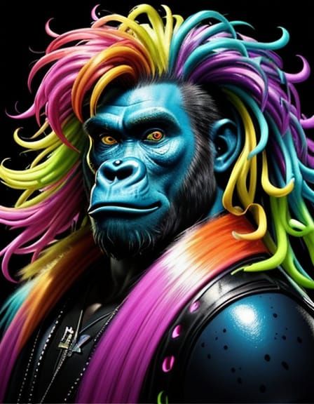 Vibrant 90s Gorilla with Bold Mullet and Makeup
