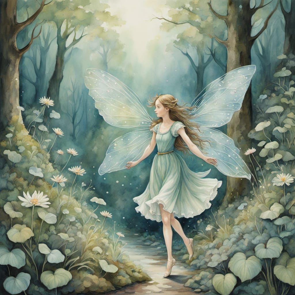 Mischievous Sprite Dancing in Forest, Watercolor Style