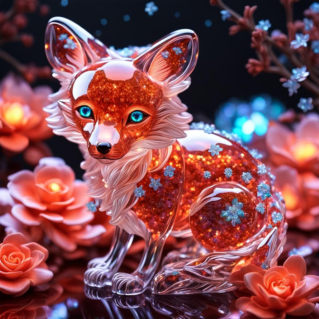 Bioluminescent Crystal Fox Sculpture: Hyper-Realistic Digita...