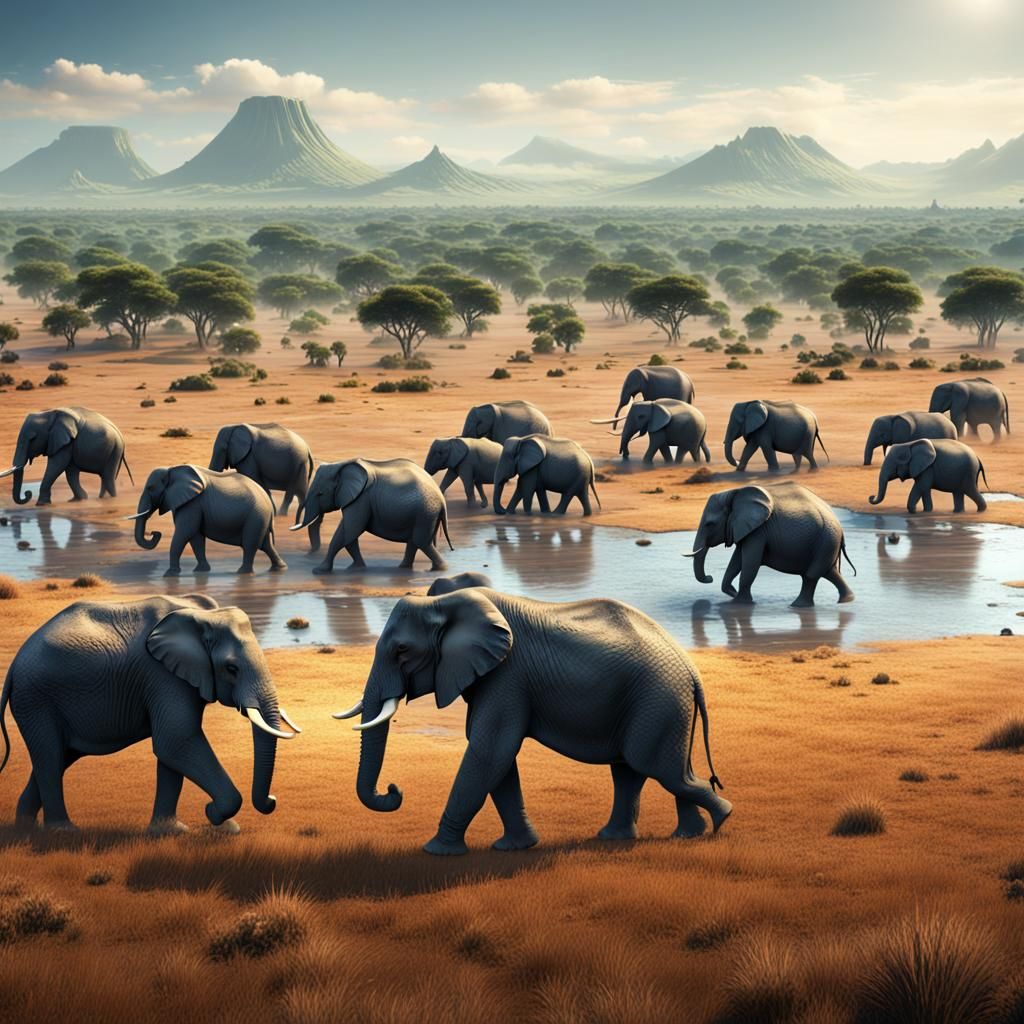 Elephants Journey to Water: Detailed Matte Painting
