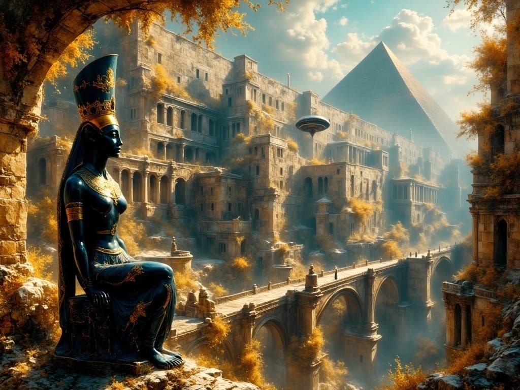 Ethereal Futuristic Cityscape in Ancient Egyptian Style