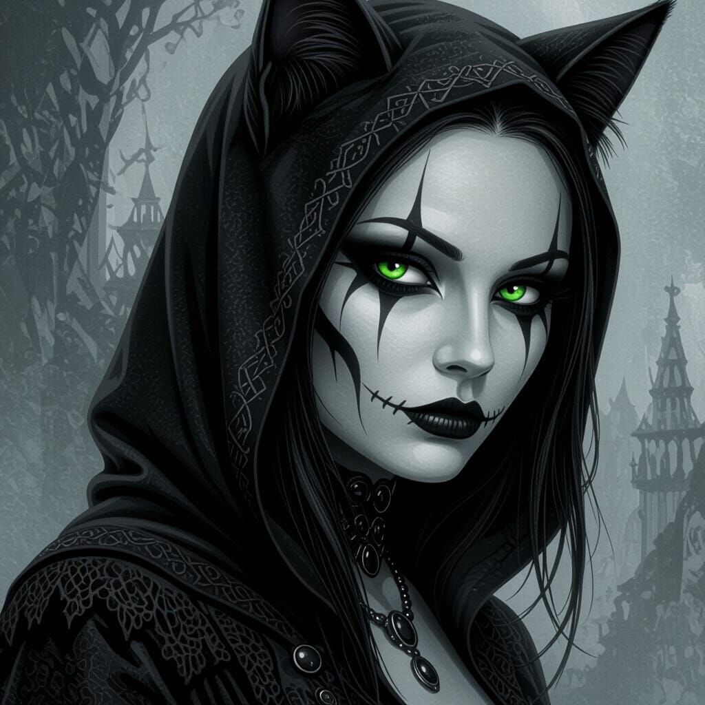 Gothic Alien Woman with Cat Face, Scary Double