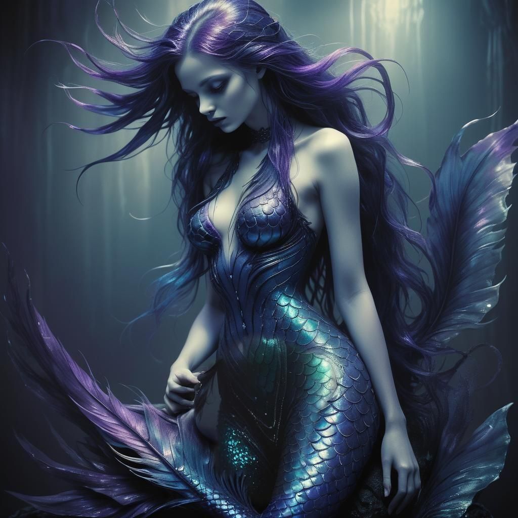Fluorescent Gothic Mermaid with Feathery Tail