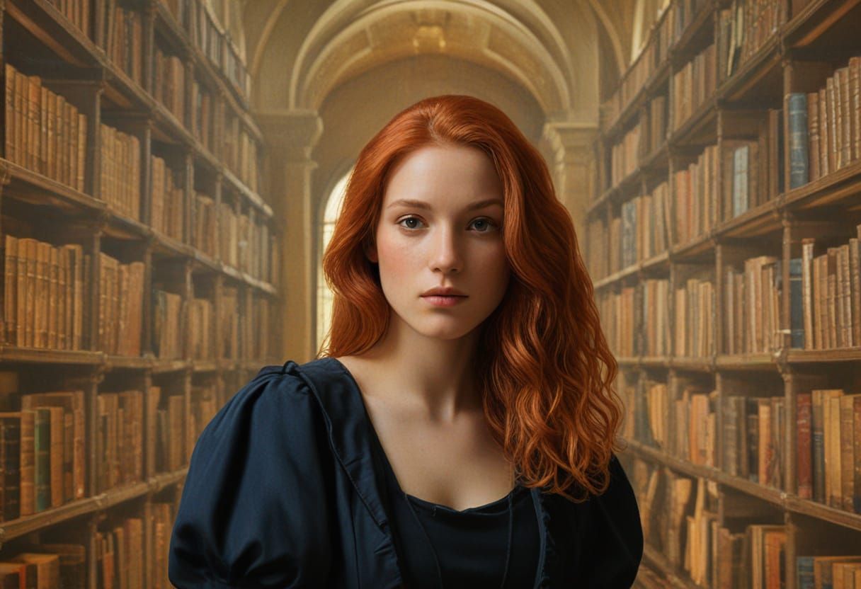 Renaissance Woman in Library: Oil Painting Portrait