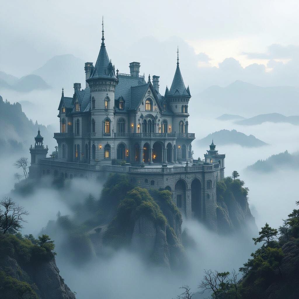 Ornate Mansion Overlooking Foggy Valley, Mystical Digital Ar...