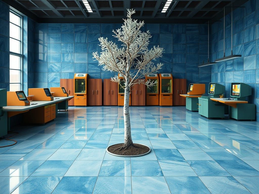 Vibrant Birch Tree Stands Amidst Futuristic Bureaucratic Lan...