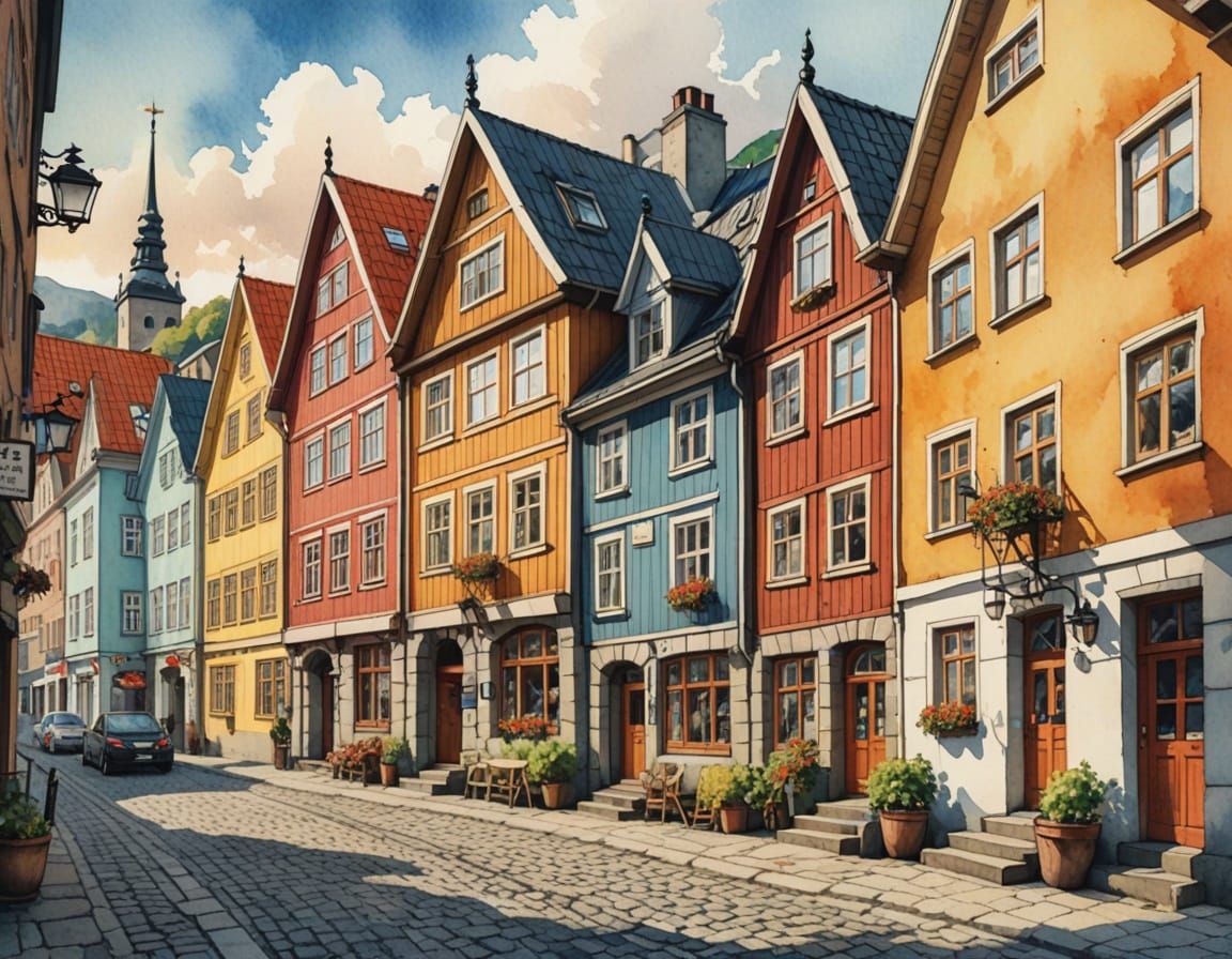Charming Norwegian Watercolor of Hanseatic Quarter Bryggen