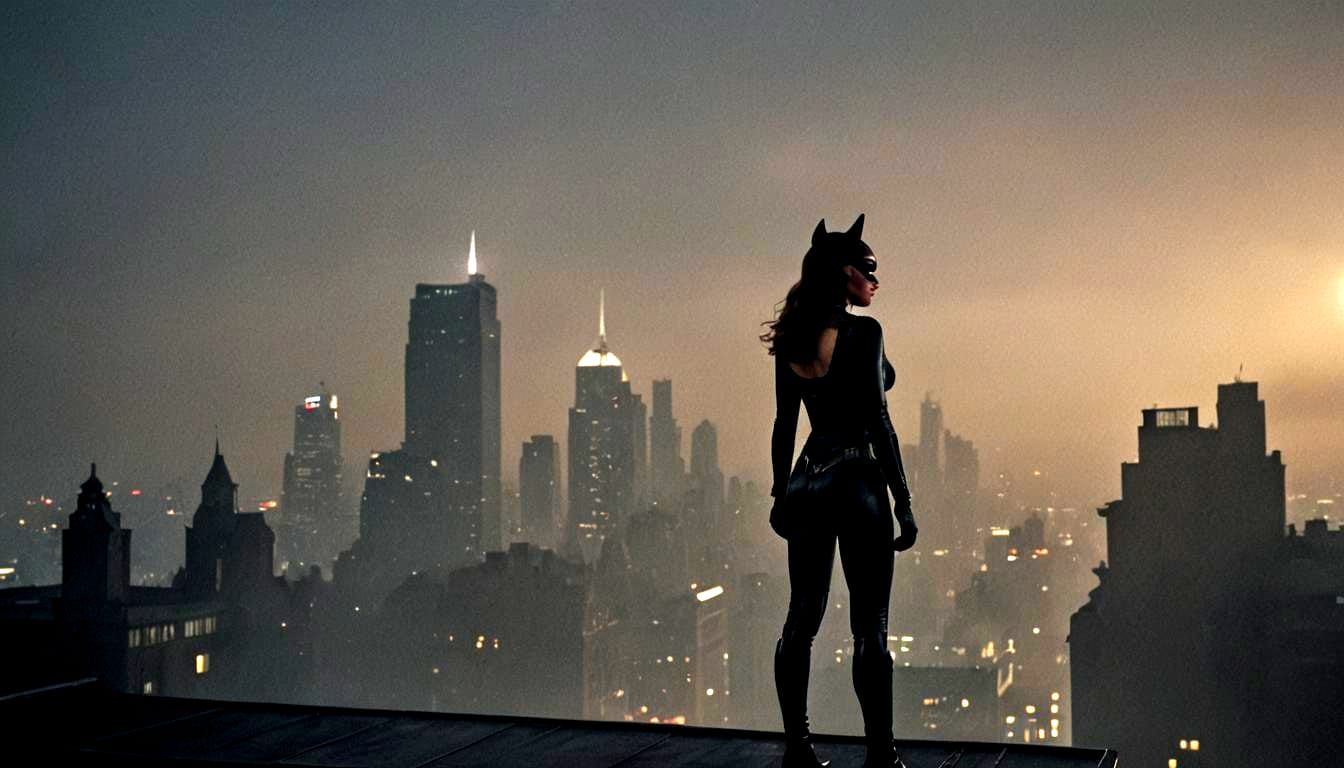 Catwoman on Gotham Rooftop: Cinematic Film Still