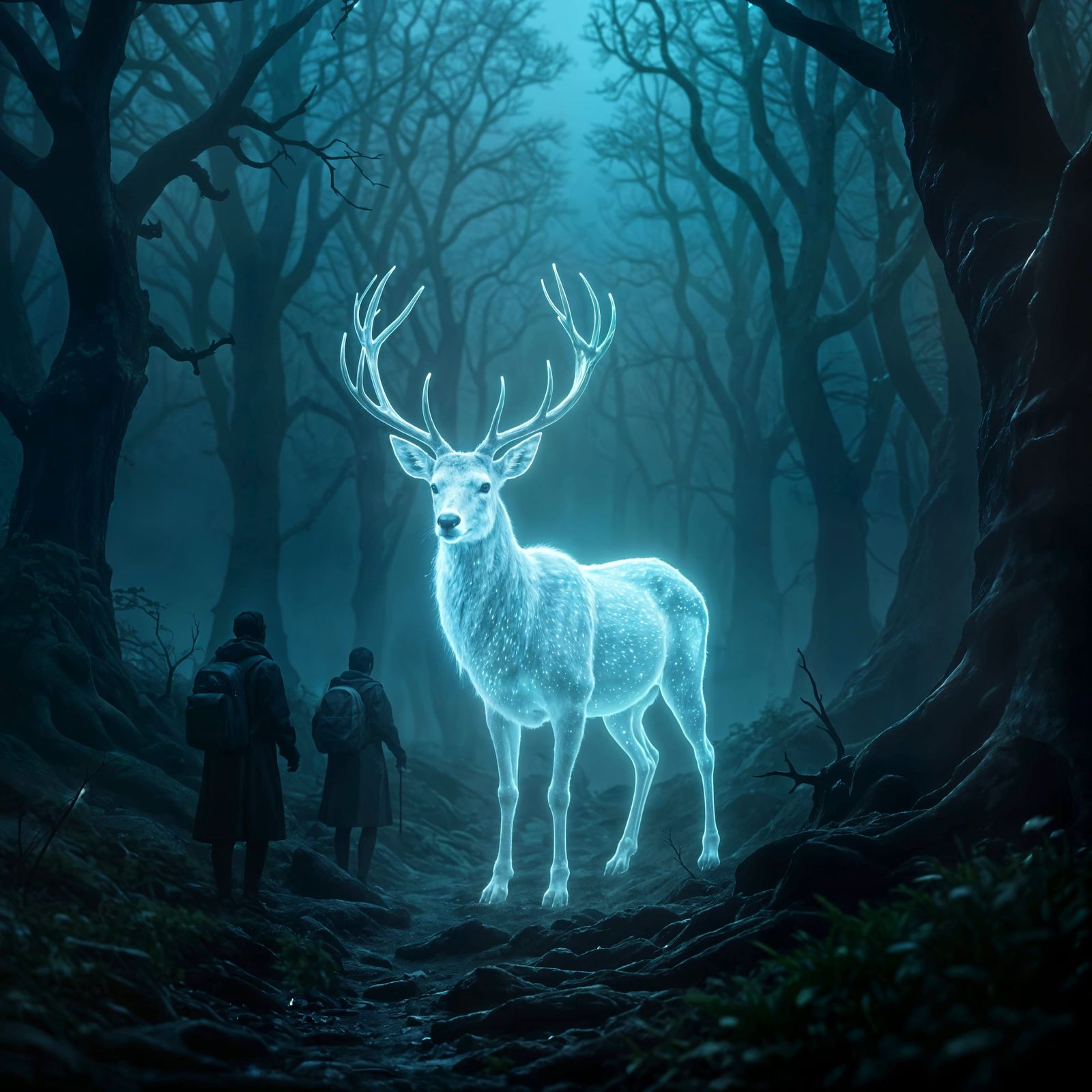 Ethereal Deer Guides Travelers Through Enchanted Forest
