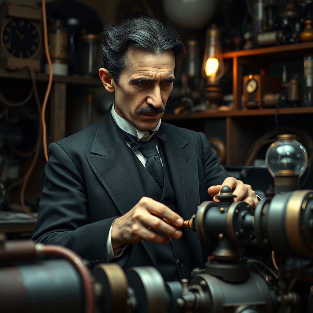 Inventor Nicola Tesla Focuses on Machine in Vintage Laborato...