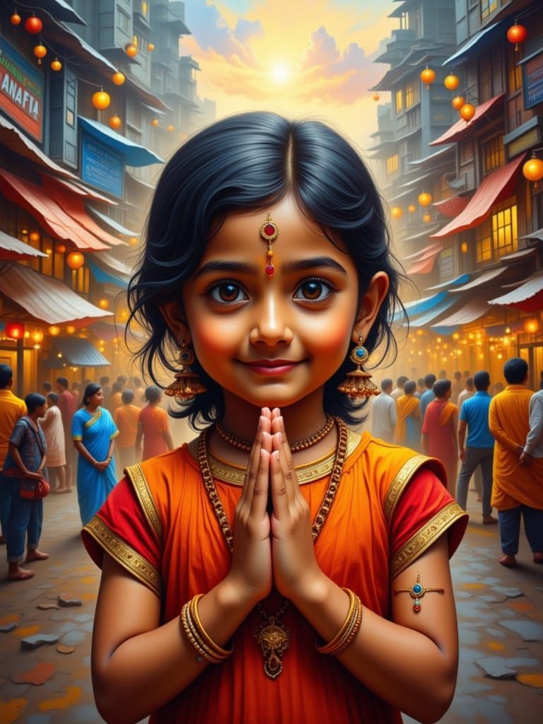 Indian Girl's Hands Performing Namaste in Vibrant Street Sce...