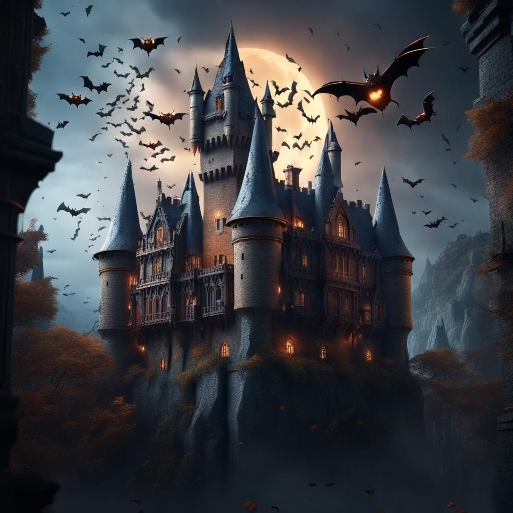 Fantasy Castle with Bats in Detailed Matte Painting