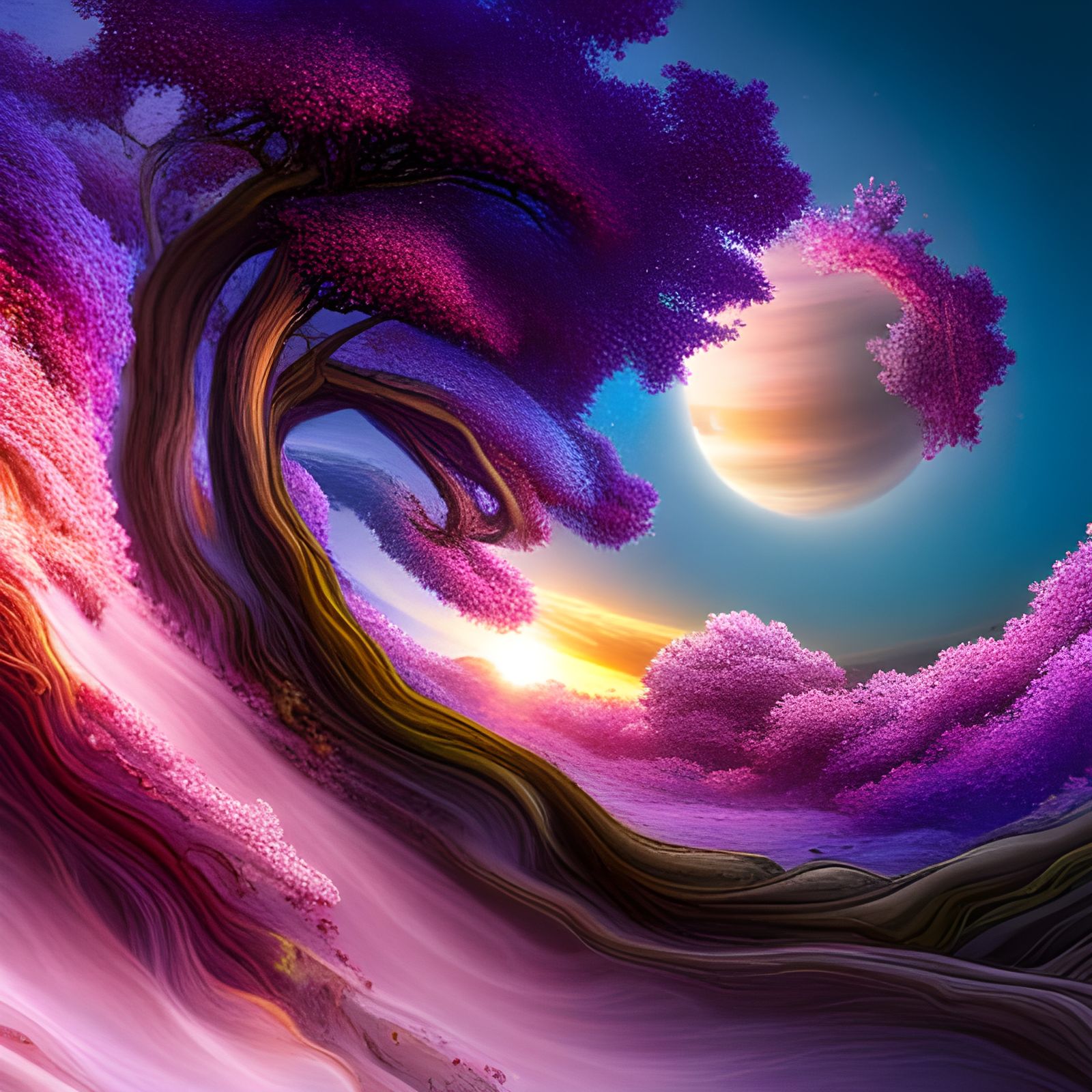 Cosmic Blossom Tree with Plum Eyes: Steampunk Style