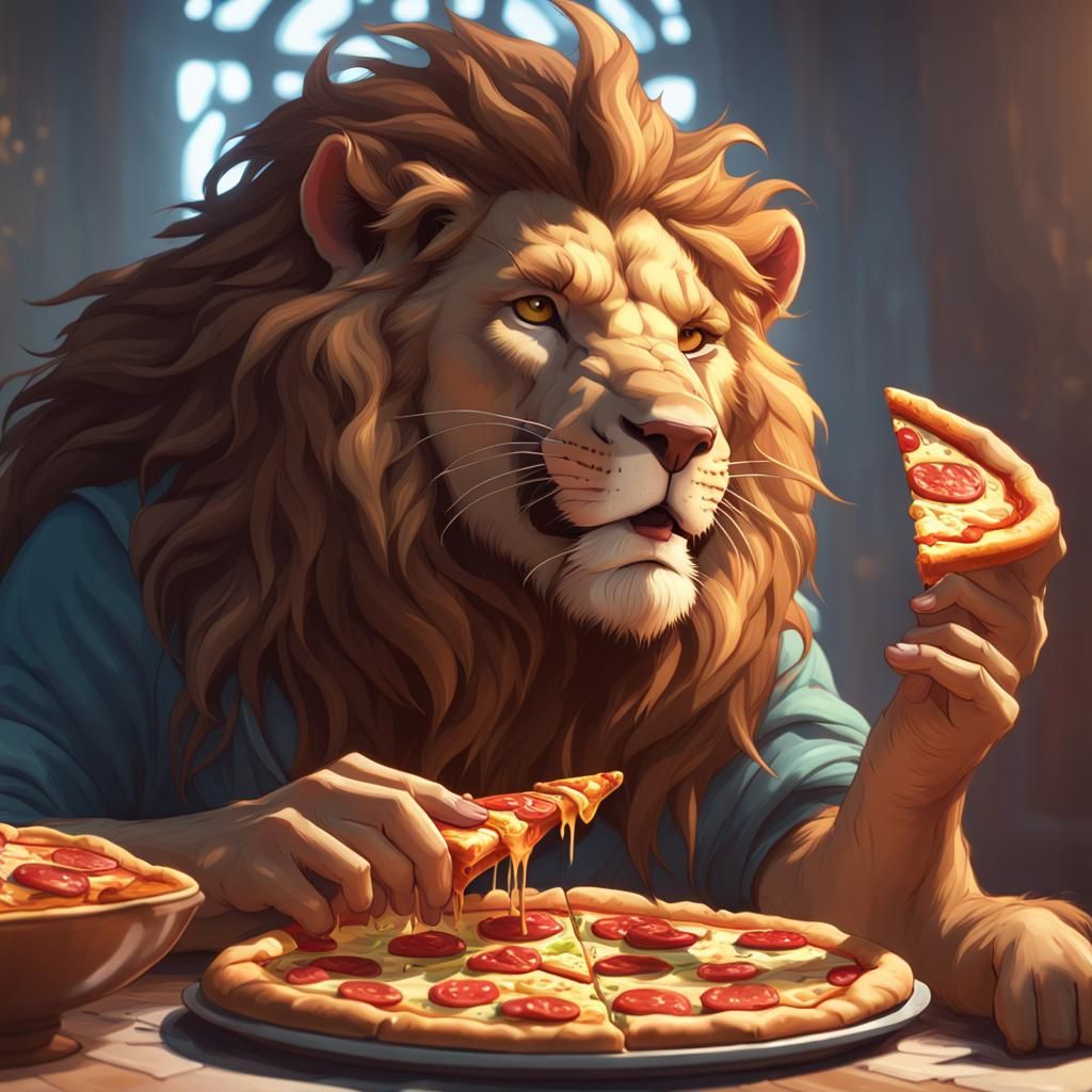 Humorous Lion Eats Pizza: Detailed Concept Art