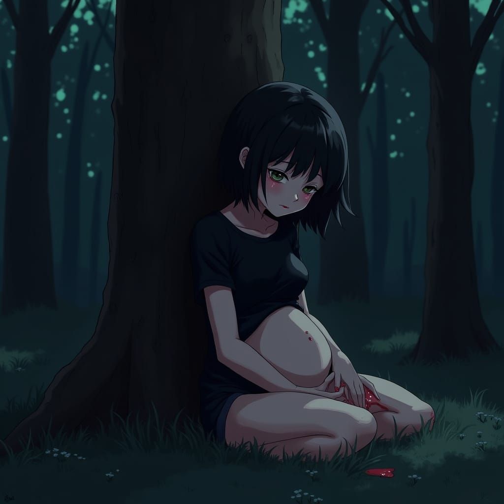 Mourning Teenage Girl in a Dark Forest