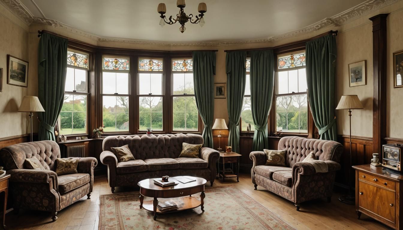 1930s British Lounge with Stained Glass Window