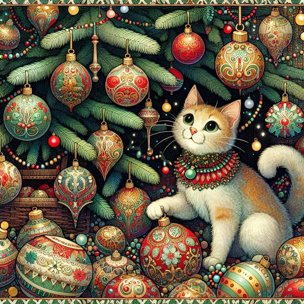 A whimsical cat wearing a festive collar, playing with ornaments, Christmas tree background, in the style
of Catrin Welz...
