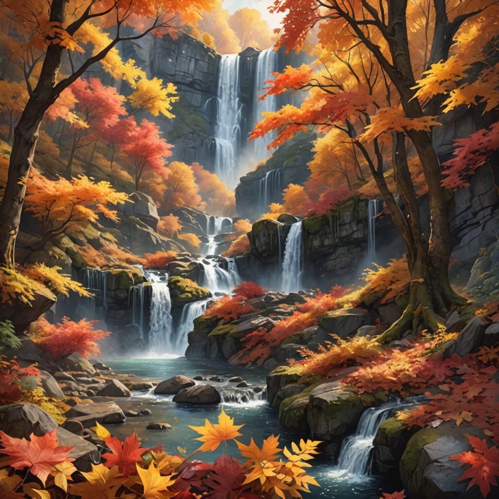 Vivid Autumn Leaves and Waterfalls in Watercolor