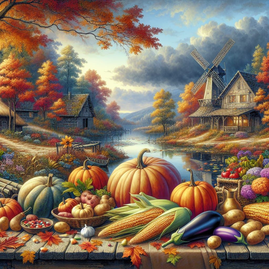 Autumn Harvest by Lake: Digital Watercolor Illustration