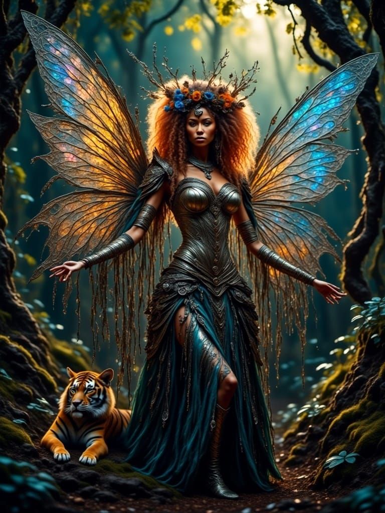 Steampunk Fairy and Tiger in Dreamtime Style