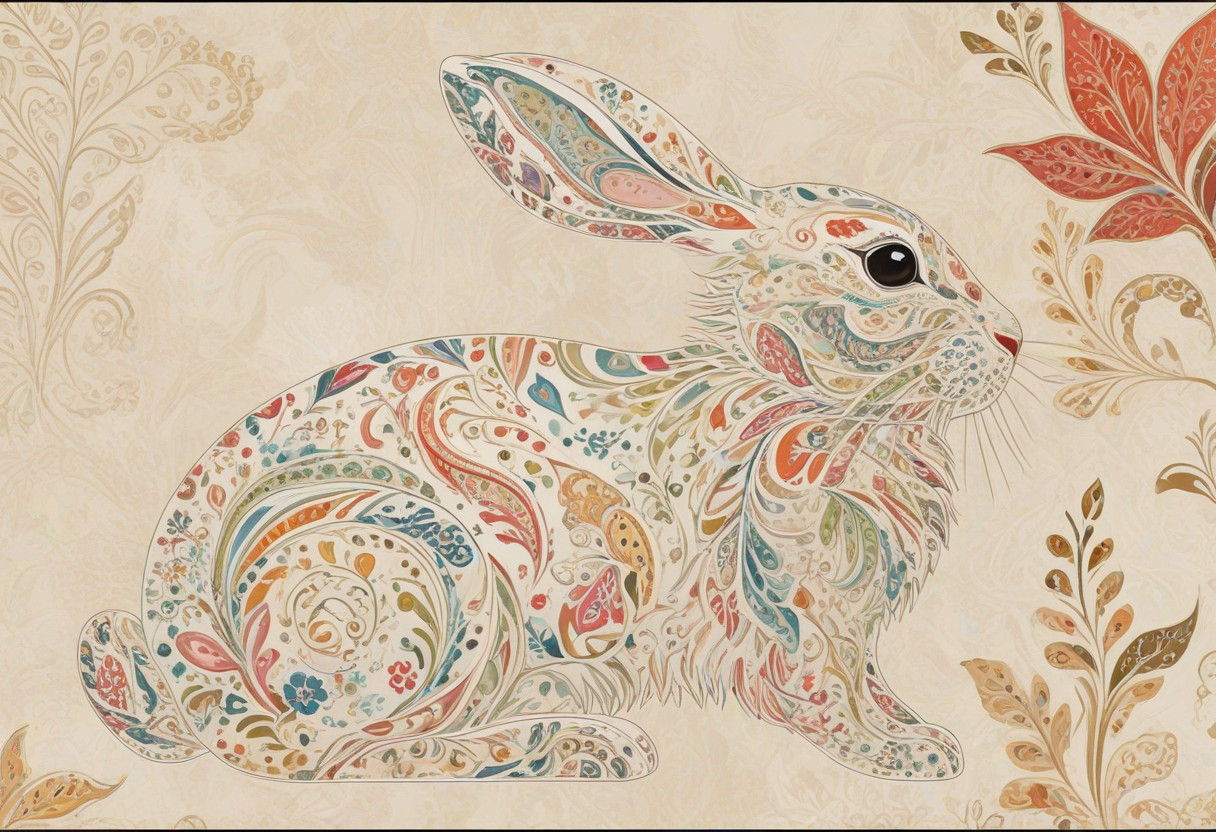 Vibrant Paisley Rabbit in Majestic Forest Landscape