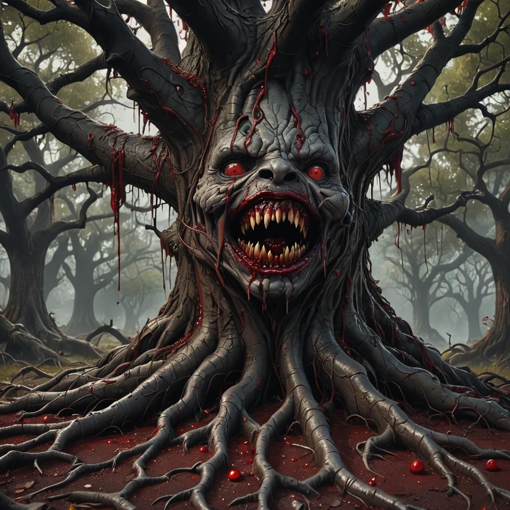 Eerie Tree with Bloody Teeth: Fantasy Concept Art