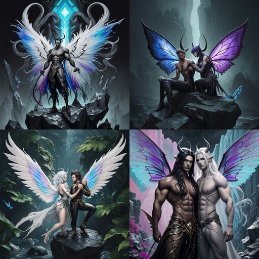 Muscular Demon & Fairy in Fantasy Garden