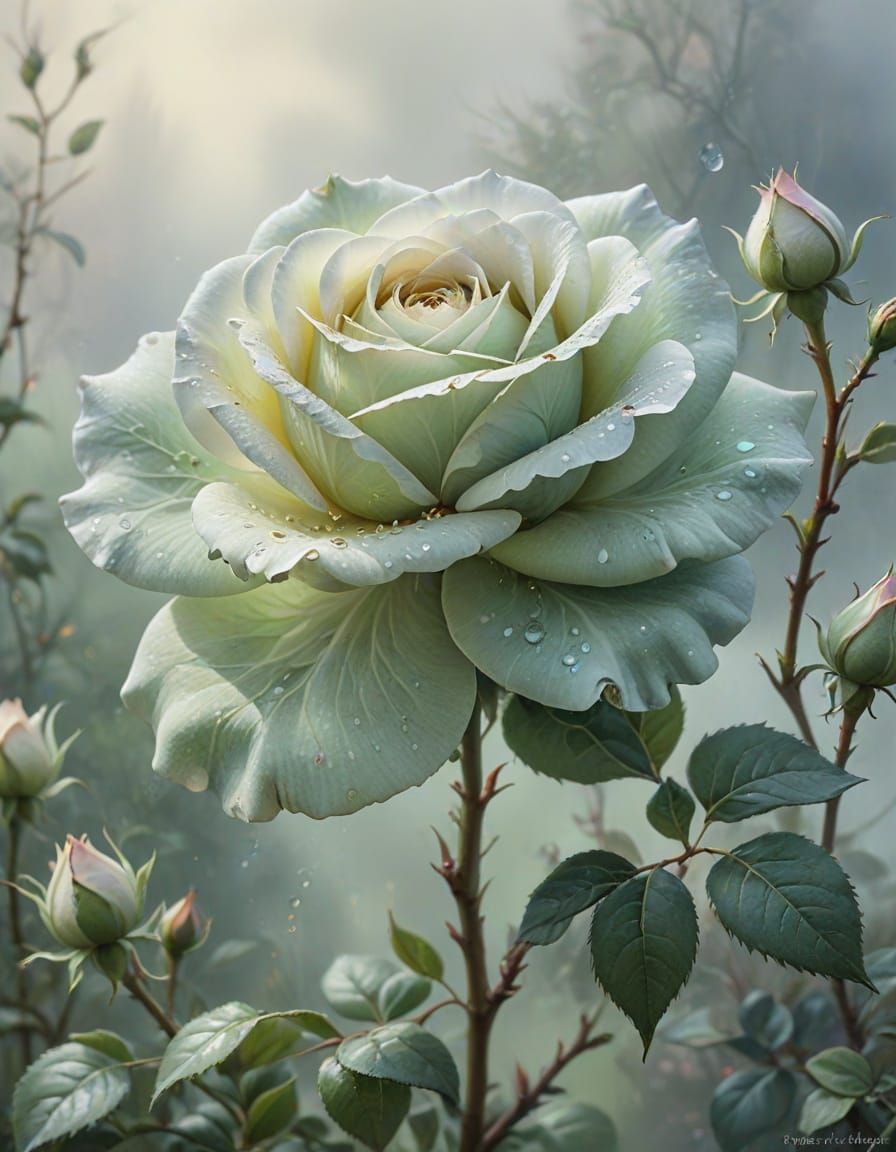 Ethereal Pale Green Tea Rose Blossom Watercolour