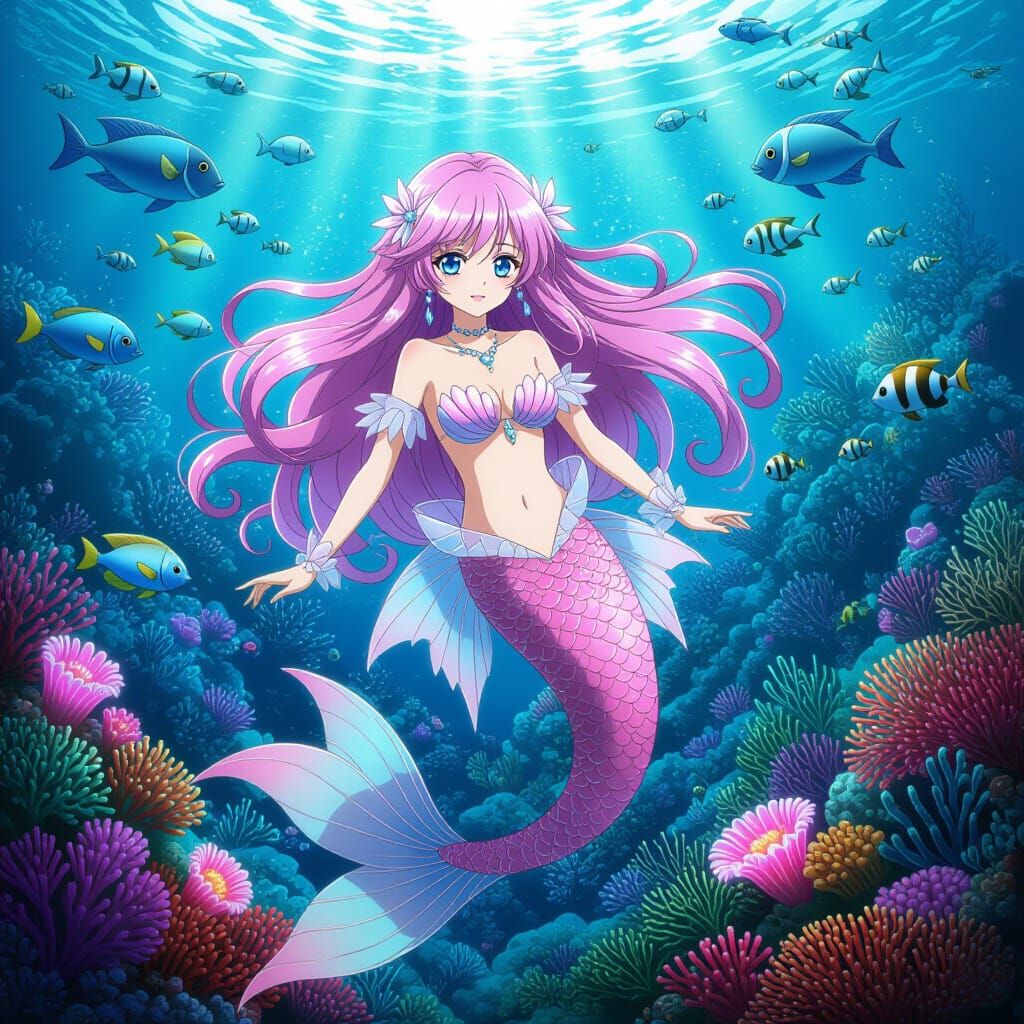 Anime Mermaid in Coral Reef, CLAMP Style