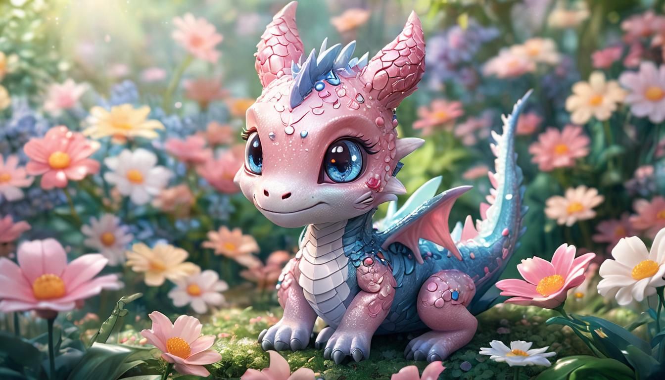 Chibi Dragon in Flower Garden: Kawaii Digital Art