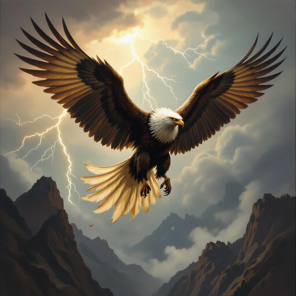 Griffin Soaring Through Stormy Sky in Oil Painting Style