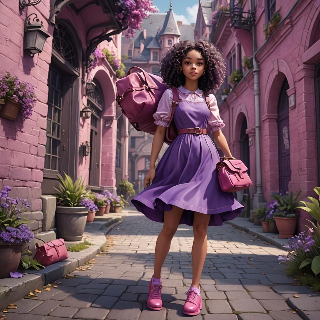 Cute Aesthetic Girl with Purple Dress, Digital Art