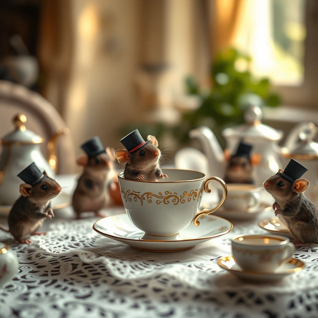 Mice Tea Party in Antique Teacup Setting