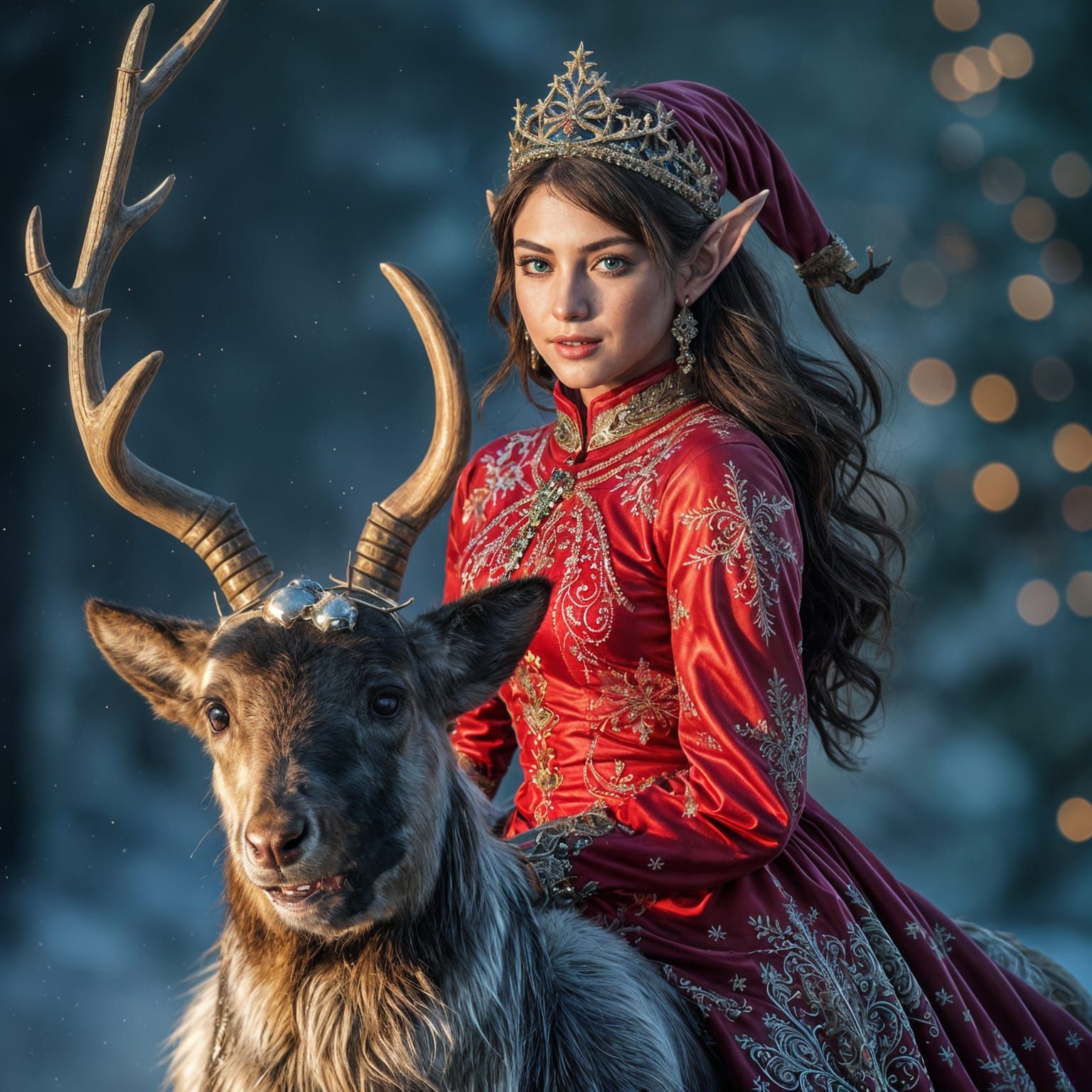 Elf Woman on Reindeer in Hyperrealistic Style