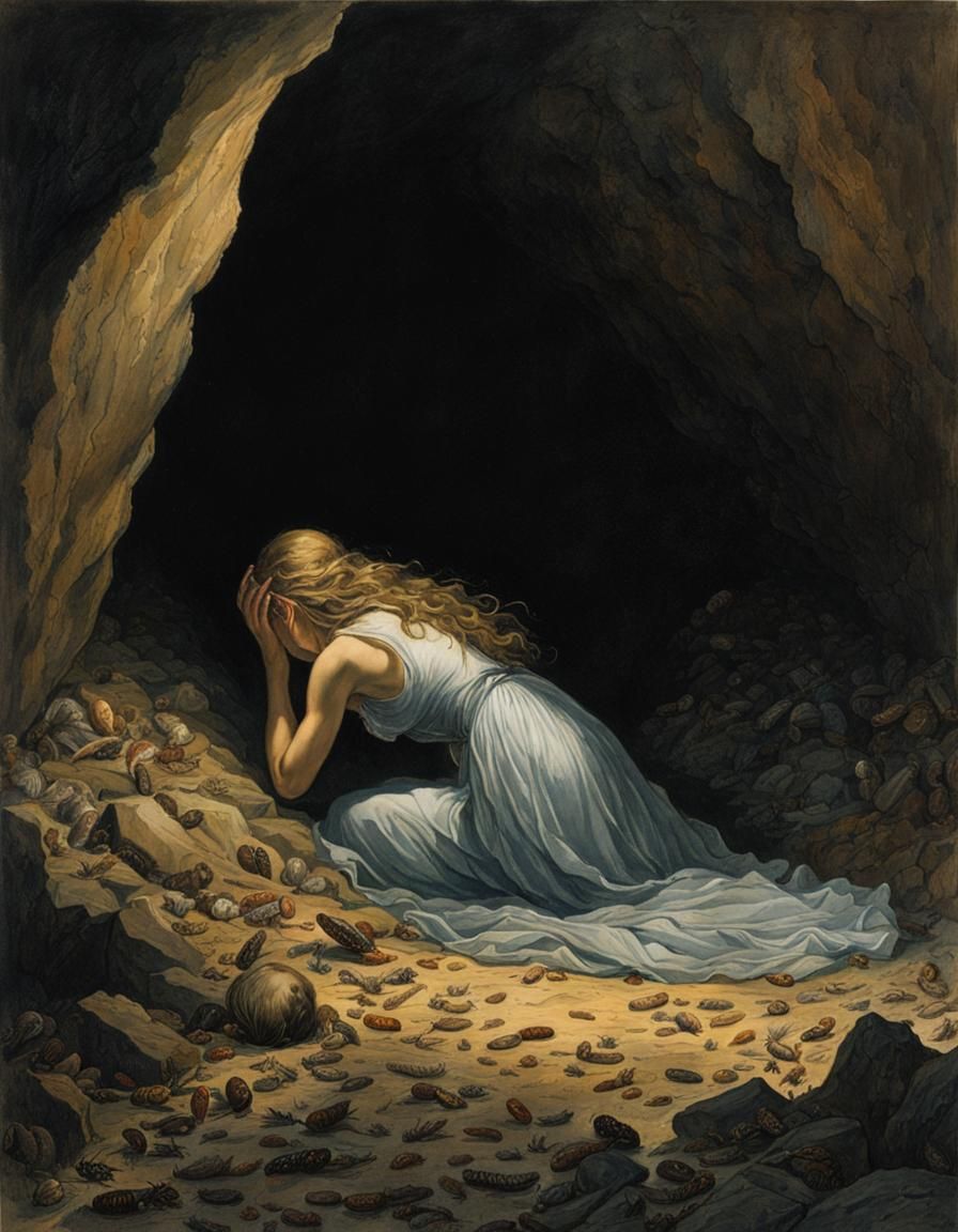 Desolate Woman in Gloomy Cave: Romanticism Style