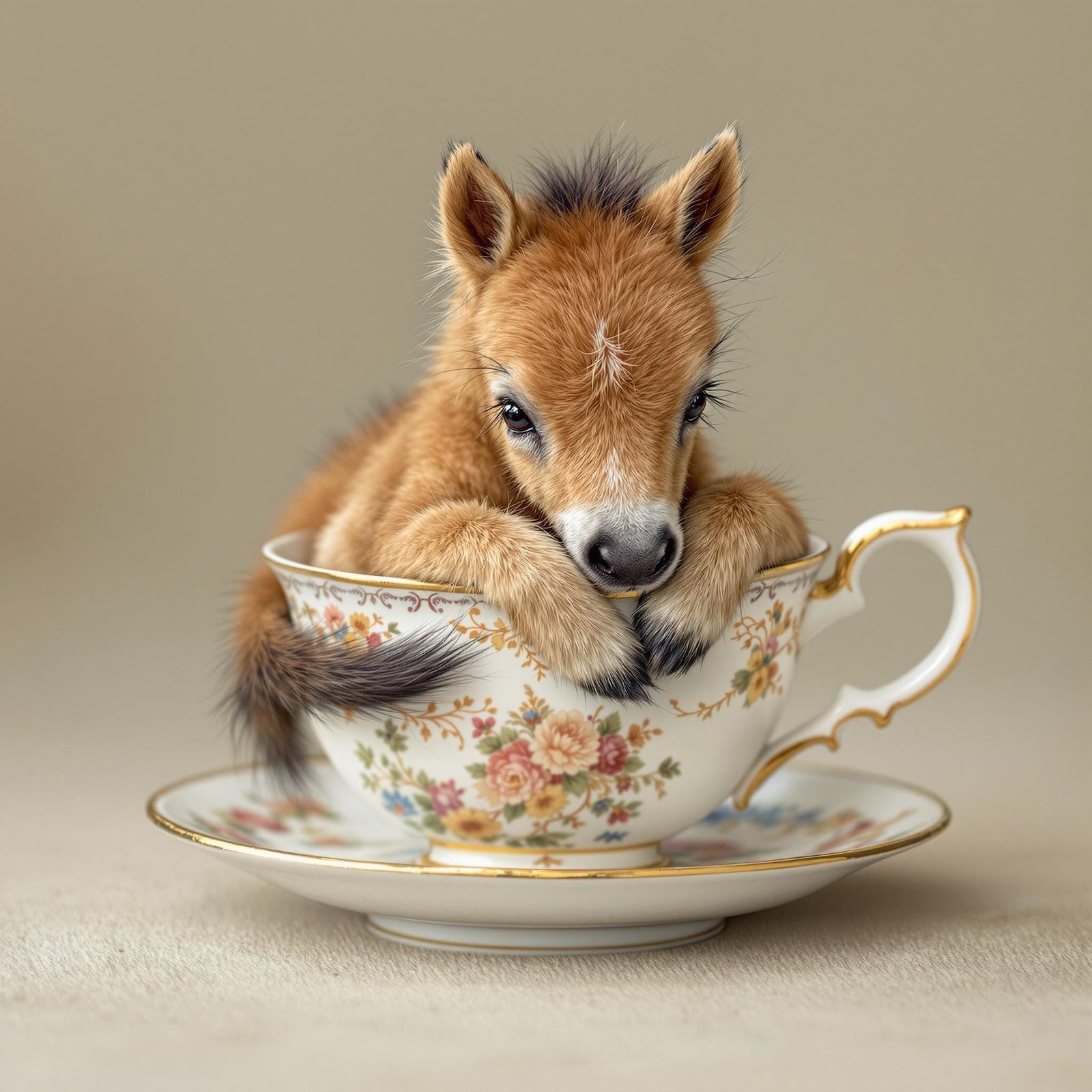 Whimsical Colt in Antique Teacup, in Watercolor Style