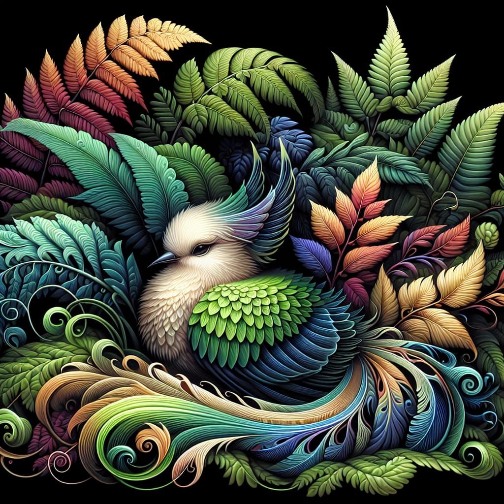 Whimsical Bird in Enchanted Fernscape