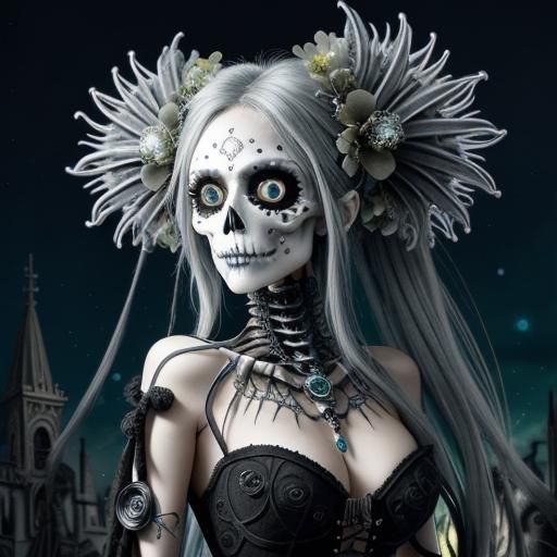 Biomechanical Beauty with Silver Hair and Bouquet