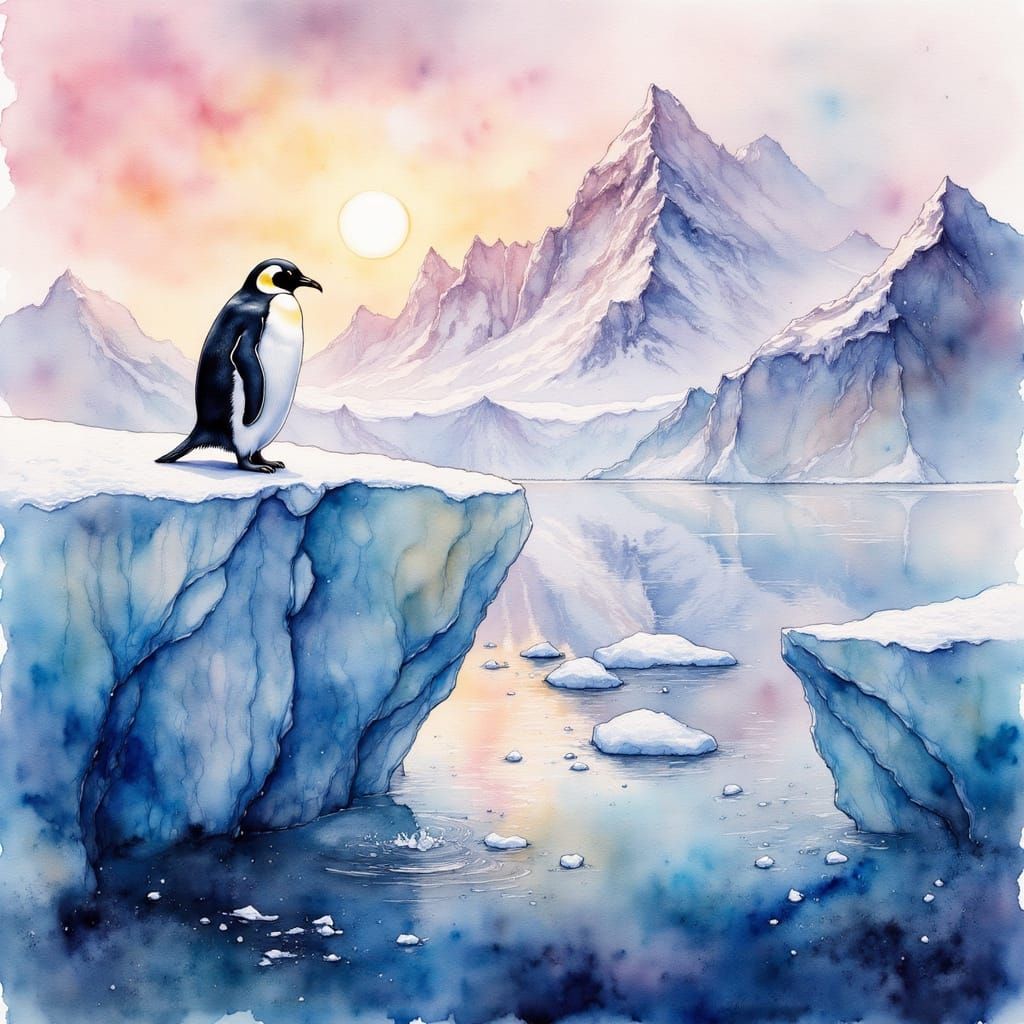Adelie Penguin on Iceberg Under Pink Antarctic Sky