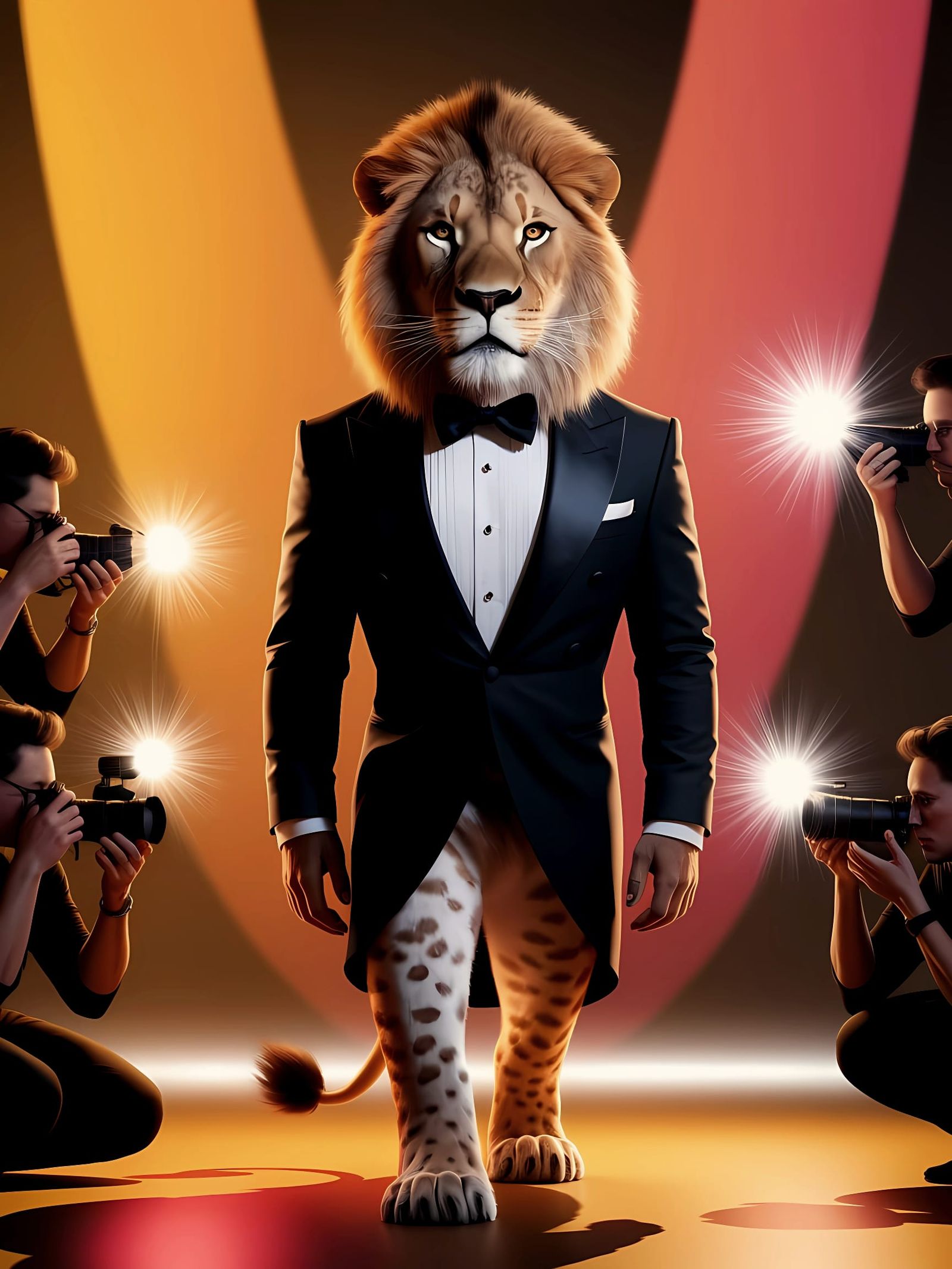 A lion in a sleek tuxedo, confidently posing for flashing ca...