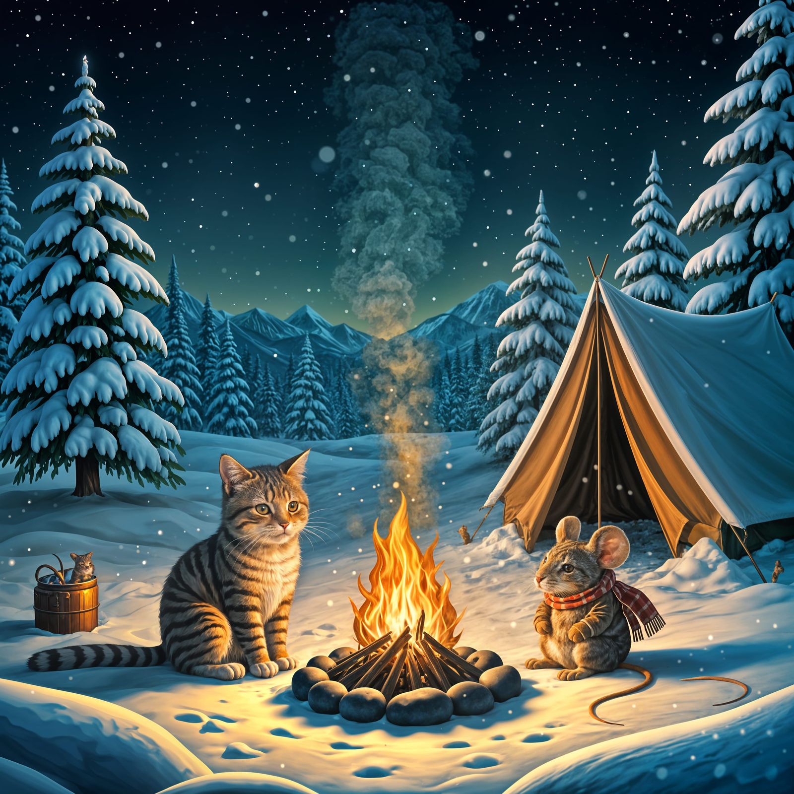 Wild Friends Share a Cozy Campfire Moment in the Snow