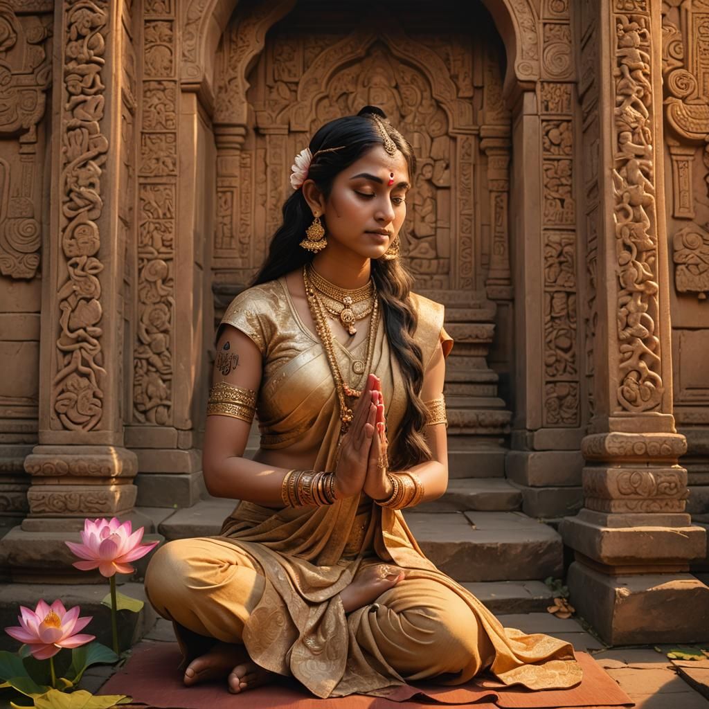 Hindu Goddess Kneeling at Ancient Temple Entrance
