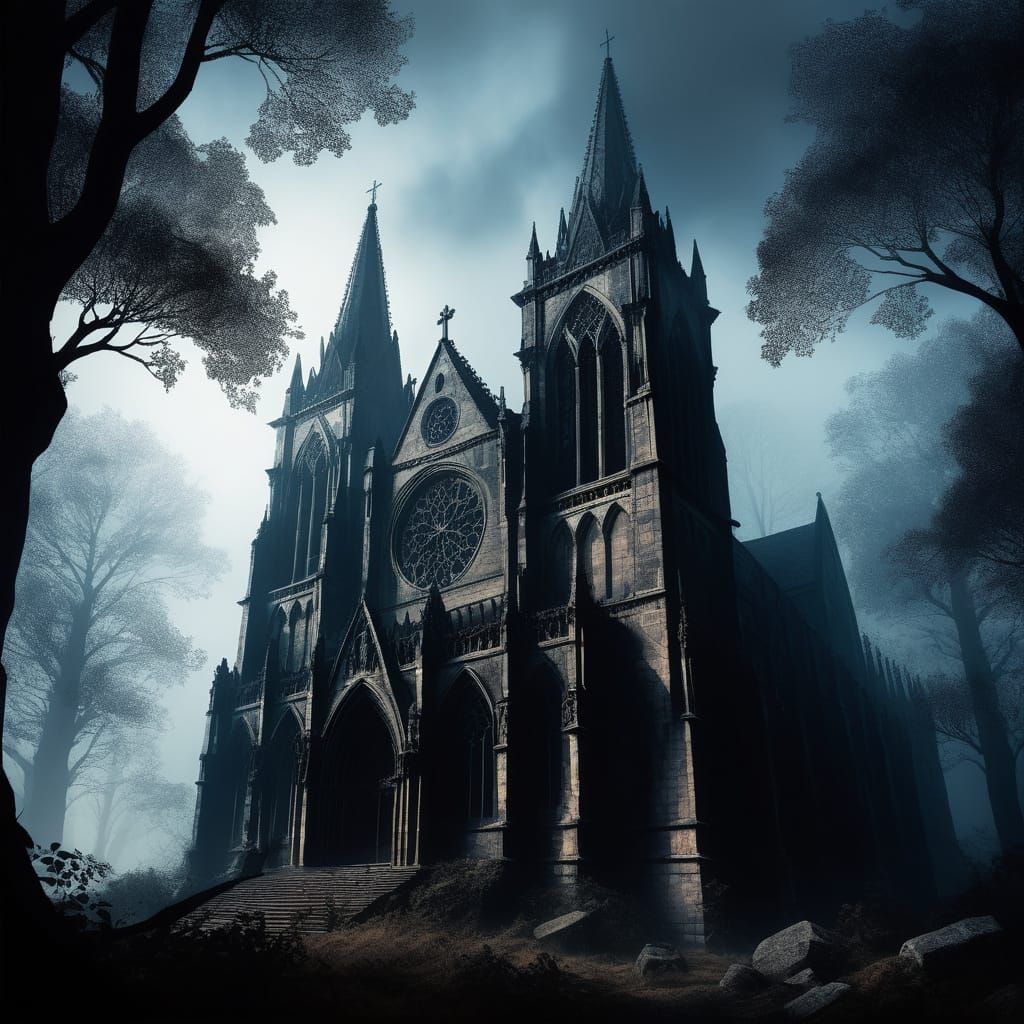 Gothic Cathedral in Misty Forest: Dark Fantasy Illustration