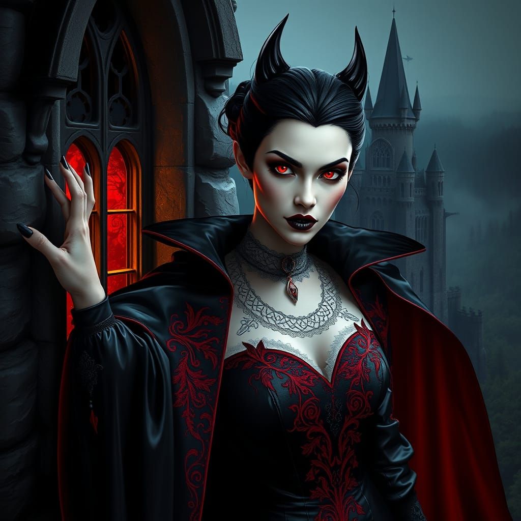 Vampire Queen in Gothic Castle, Dark Fantasy Art