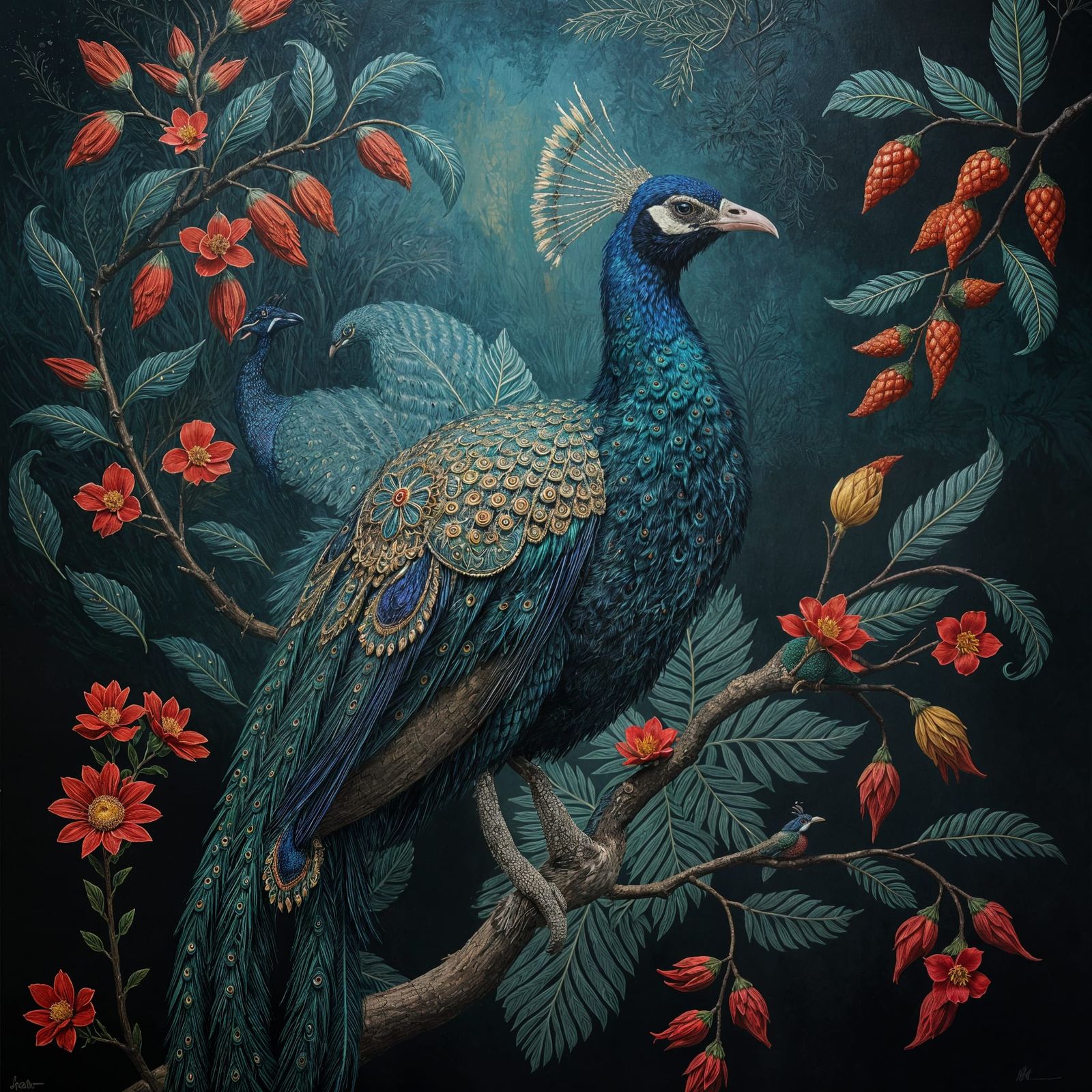 Ornate Royal Peacock Illustration in Folk Art Style