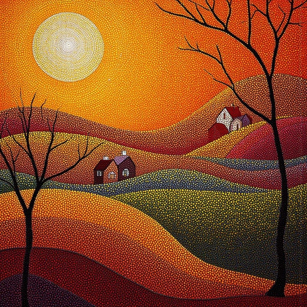 Pointillist Autumn Landscape with Full Moon